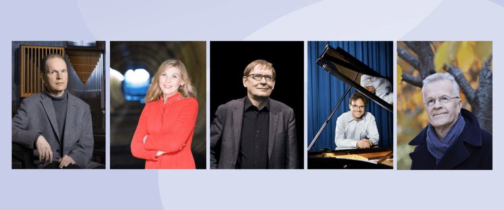 portrait of composers Jyrki Linjama, Minna Leinonen, Kalevi Aho, Tuomas Turriago and Olli Kortekangas