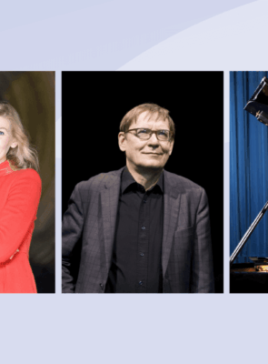 portrait of composers Jyrki Linjama, Minna Leinonen, Kalevi Aho, Tuomas Turriago and Olli Kortekangas